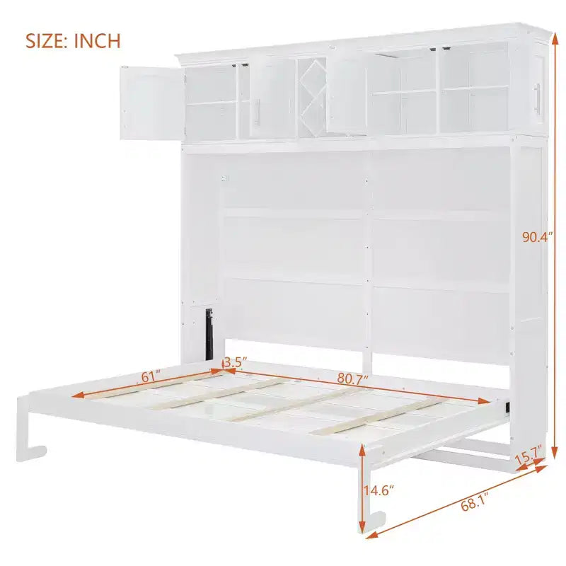 Letto a muro Murphy Queen Size in legno con armadietti superiori e portabottiglie, letto a scomparsa con armadietto e piattaforma