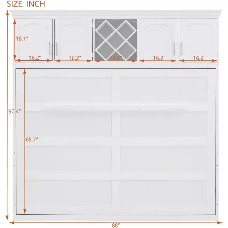 Letto a muro Murphy Queen Size in legno con armadietti superiori e portabottiglie, letto a scomparsa con armadietto e piattaforma