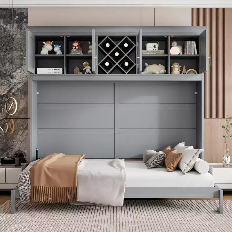 Letto a muro Murphy Queen Size in legno con armadietti superiori e portabottiglie, letto a scomparsa con armadietto e piattaforma