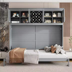 Letto a muro Murphy Queen Size in legno con armadietti superiori e portabottiglie, letto a scomparsa con armadietto e piattaforma