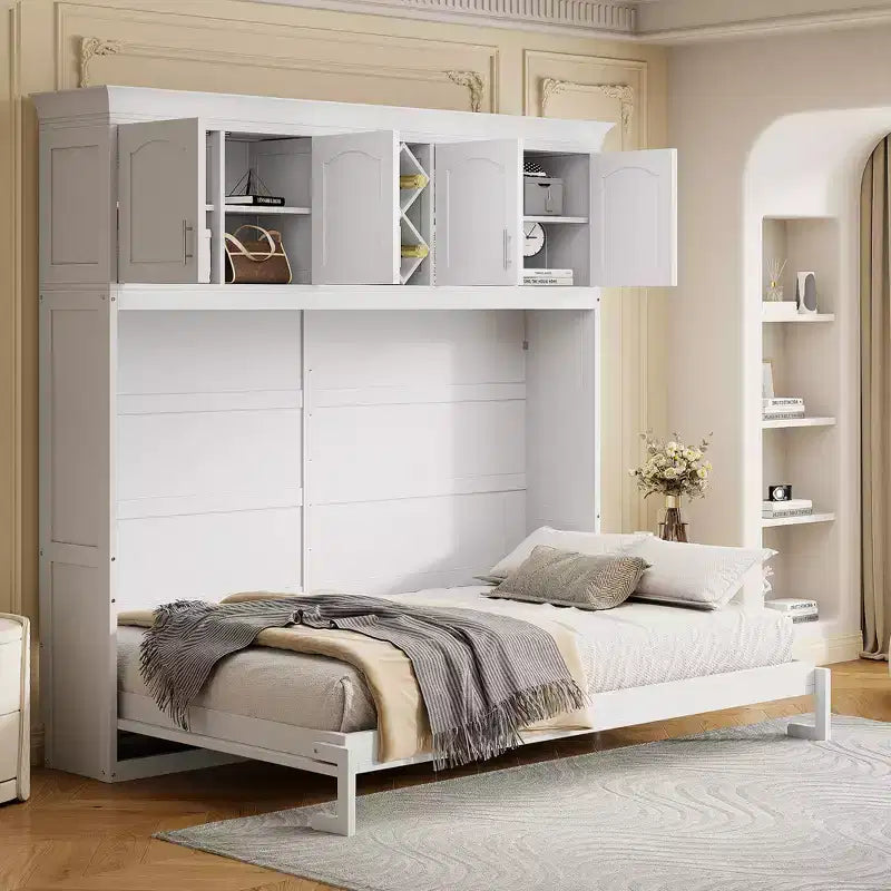 Letto a muro Murphy Queen Size in legno con armadietti superiori e portabottiglie, letto a scomparsa con armadietto e piattaforma