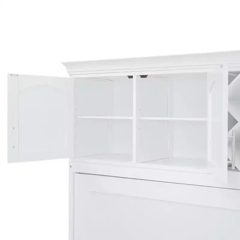 Letto a muro Murphy Queen Size in legno con armadietti superiori e portabottiglie, letto a scomparsa con armadietto e piattaforma