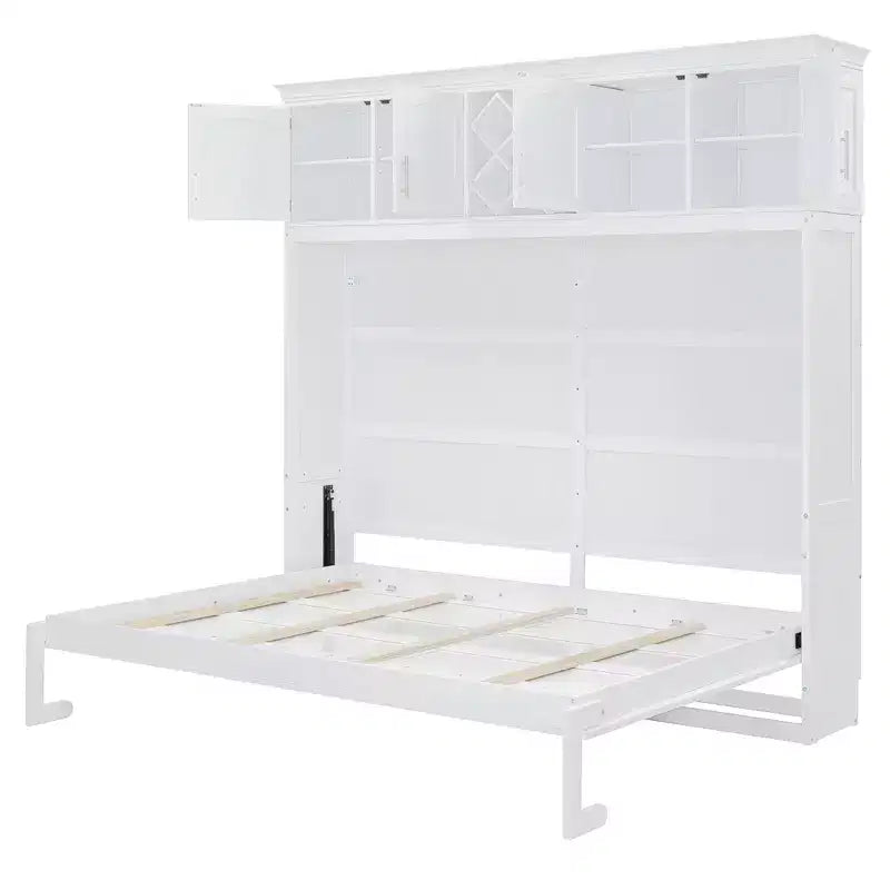 Letto a muro Murphy Queen Size in legno con armadietti superiori e portabottiglie, letto a scomparsa con armadietto e piattaforma