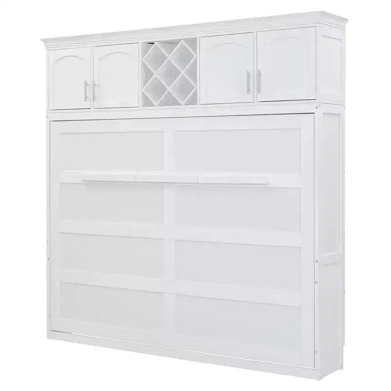 Letto a muro Murphy Queen Size in legno con armadietti superiori e portabottiglie, letto a scomparsa con armadietto e piattaforma