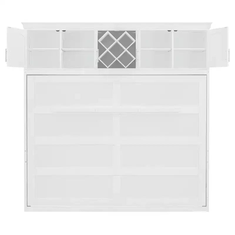 Letto a muro Murphy Queen Size in legno con armadietti superiori e portabottiglie, letto a scomparsa con armadietto e piattaforma