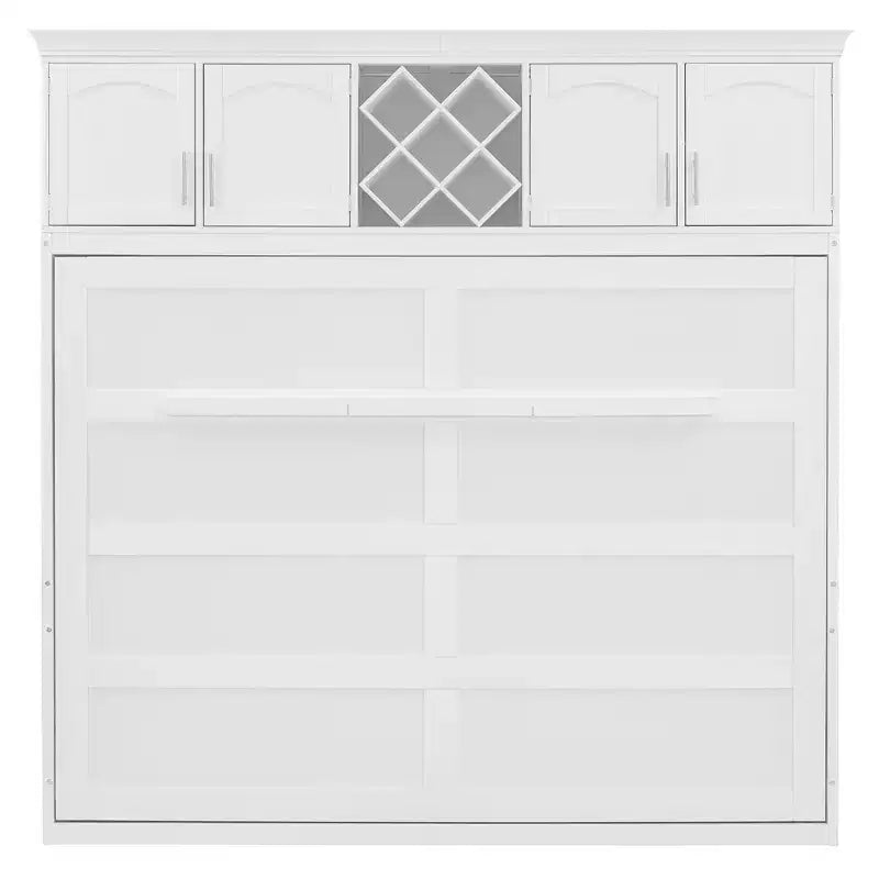 Letto a muro Murphy Queen Size in legno con armadietti superiori e portabottiglie, letto a scomparsa con armadietto e piattaforma