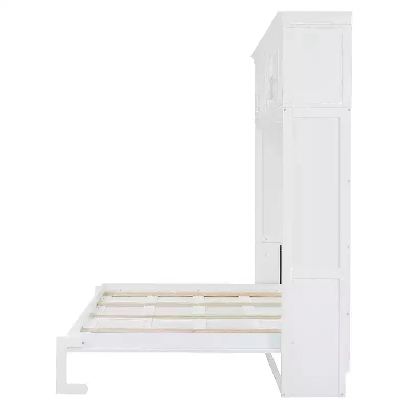 Letto a muro Murphy Queen Size in legno con armadietti superiori e portabottiglie, letto a scomparsa con armadietto e piattaforma