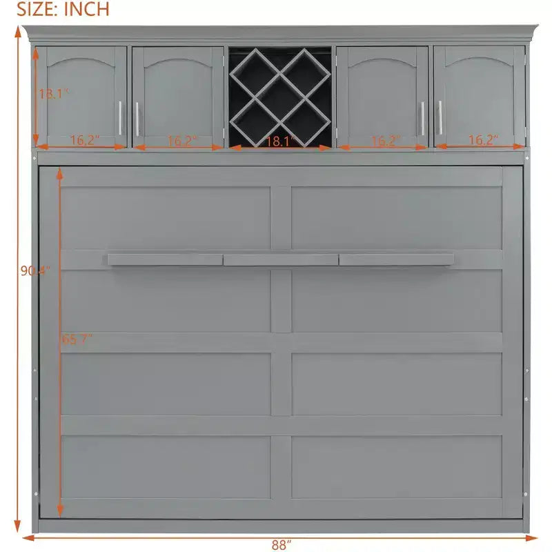 Letto a muro Murphy Queen Size in legno con armadietti superiori e portabottiglie, letto a scomparsa con armadietto e piattaforma