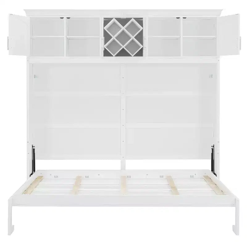 Letto a muro Murphy Queen Size in legno con armadietti superiori e portabottiglie, letto a scomparsa con armadietto e piattaforma