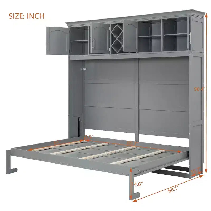 Letto a muro Murphy Queen Size in legno con armadietti superiori e portabottiglie, letto a scomparsa con armadietto e piattaforma
