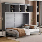 Letto a muro Murphy Queen Size in legno con armadietti superiori e portabottiglie, letto a scomparsa con armadietto e piattaforma