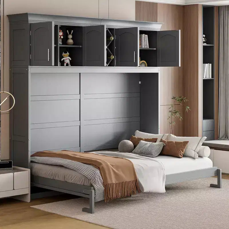 Letto a muro Murphy Queen Size in legno con armadietti superiori e portabottiglie, letto a scomparsa con armadietto e piattaforma