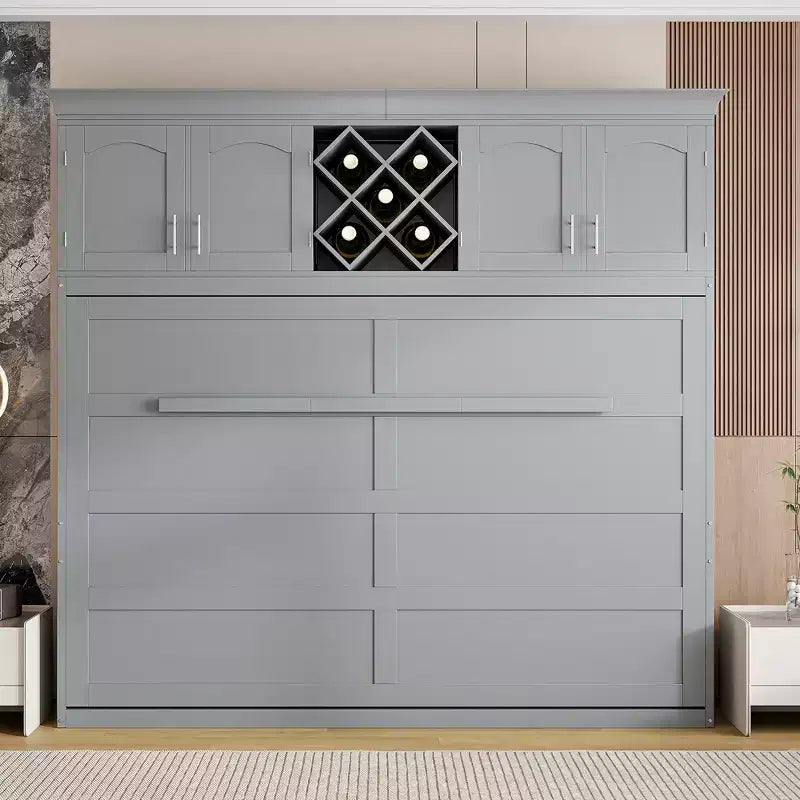 Wood Queen Size Murphy Bed Wall Bed with Top Cabinets & Wine Rack, Murphy Bed Chest Cabinet Bed Platform Bed