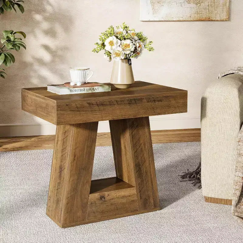 Lantine 24 Modern Side Table, 2-Tier Narrow Wooden End Table with Trapezoid Base, Farmhouse Small Nightstand for Living Room, Bedroom