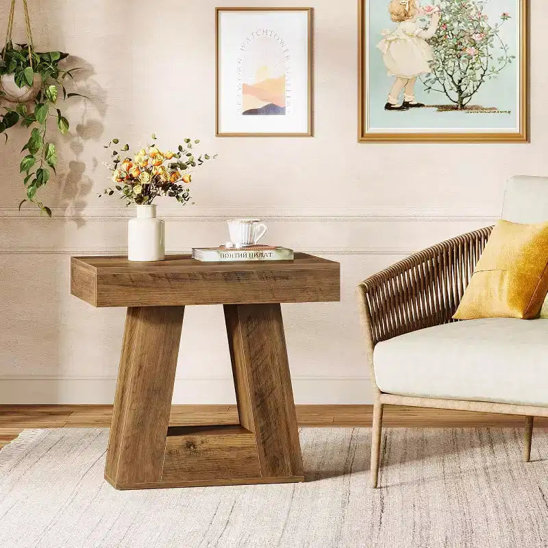 Tavolino Lantine 24 Moderno, Tavolino Stretto a 2 Ripiani in Legno con Base Trapezoidale, Comodino Piccolo Rustico per Soggiorno, Camera da Letto
