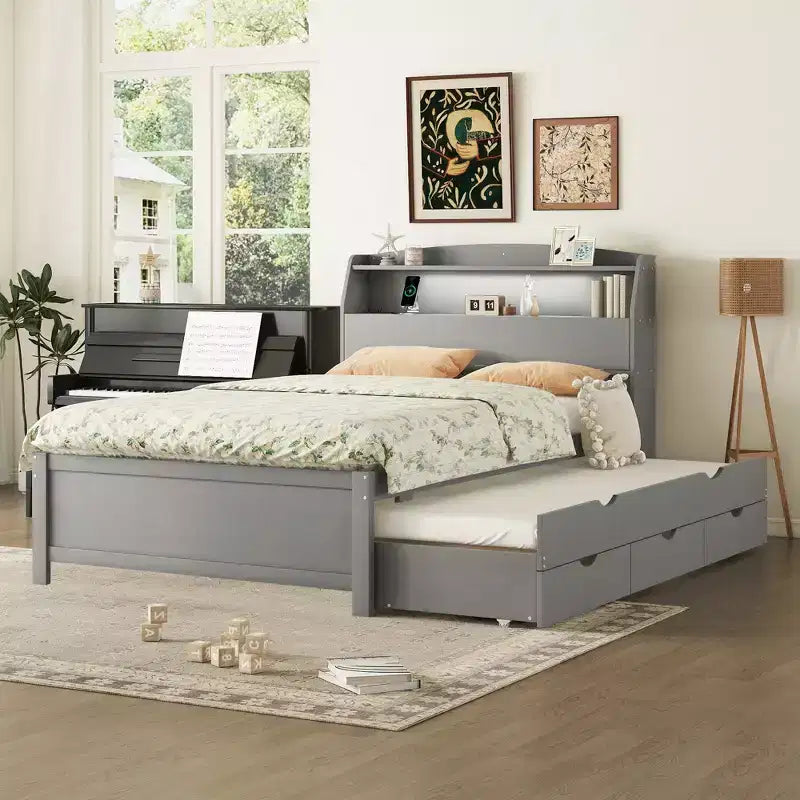 Bellemave Full Platform Bed with Trundle and Storage Headboard,Plywood Platform Bed Frame with Drawers for Bedroom,Gray