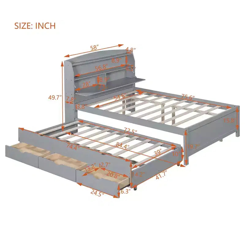 Bellemave Letto a piattaforma completo con letto estraibile e testiera con contenitore, struttura letto a piattaforma in compensato con cassetti per camera da letto, grigio