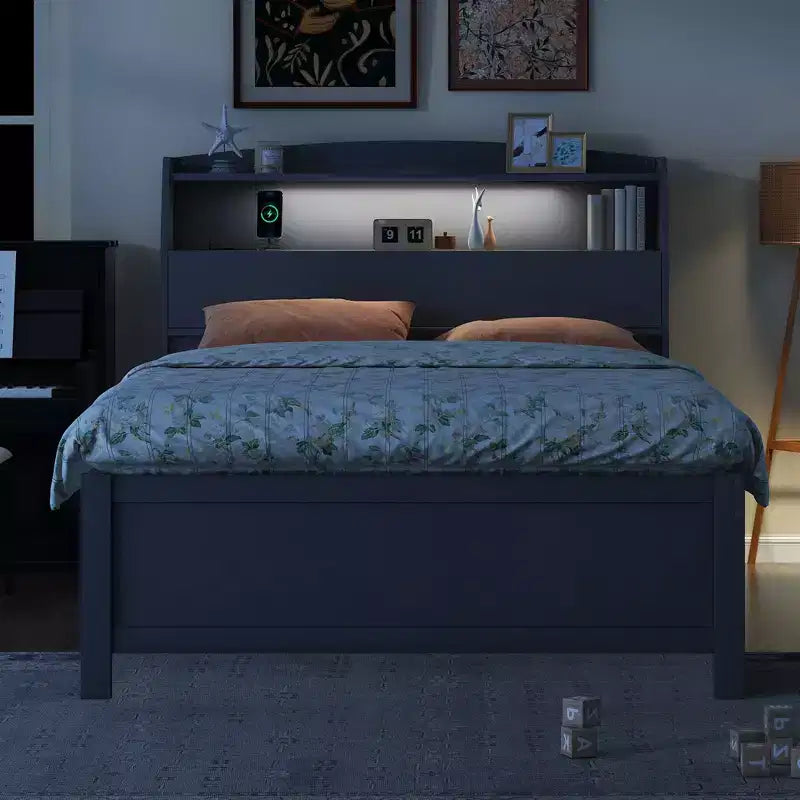 Bellemave Letto a piattaforma completo con letto estraibile e testiera con contenitore, struttura letto a piattaforma in compensato con cassetti per camera da letto, grigio