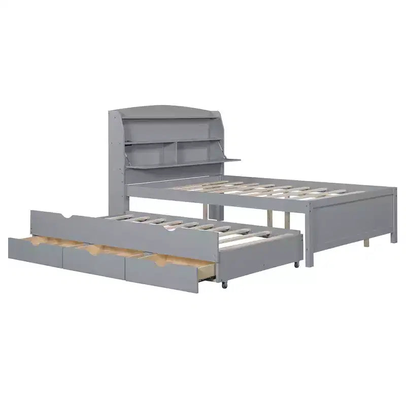Bellemave Letto a piattaforma completo con letto estraibile e testiera con contenitore, struttura letto a piattaforma in compensato con cassetti per camera da letto, grigio