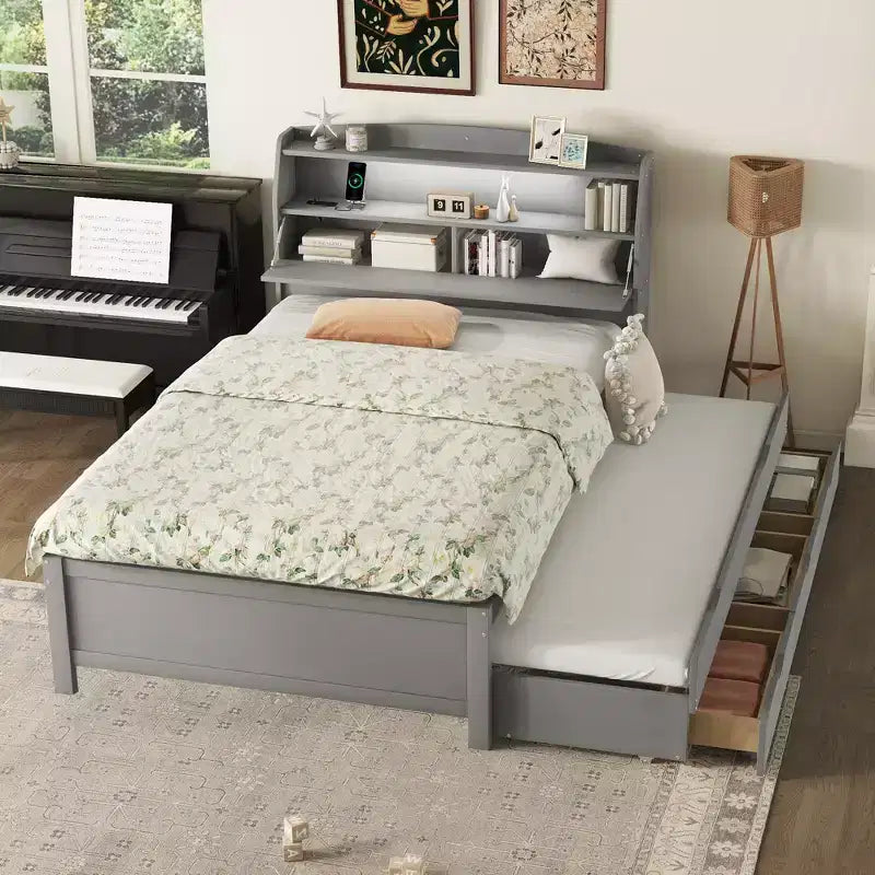Bellemave Letto a piattaforma completo con letto estraibile e testiera con contenitore, struttura letto a piattaforma in compensato con cassetti per camera da letto, grigio