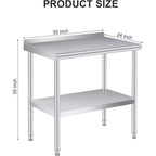 Stainless Steel Prep and Work Table with Backsplash , Commercial Heavy Duty Adjustable Under Shelf, Durable and Perfect for Kitchen, and Business Use