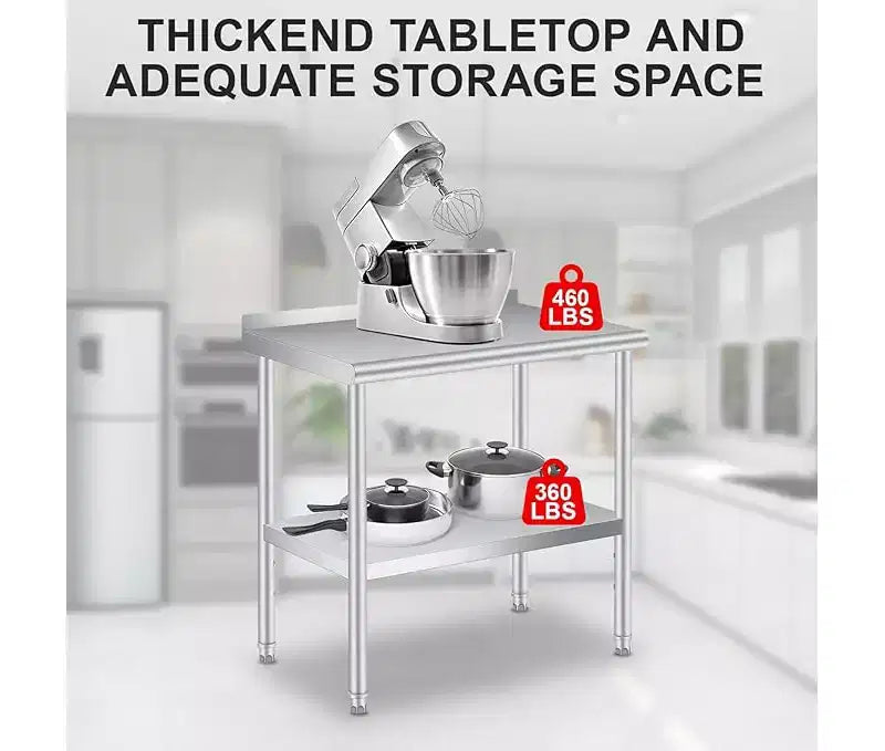 Tavolo da preparazione e da lavoro in acciaio inossidabile con alzatina, ripiano inferiore regolabile commerciale per carichi pesanti, durevole e perfetto per l'uso in cucina e commerciale