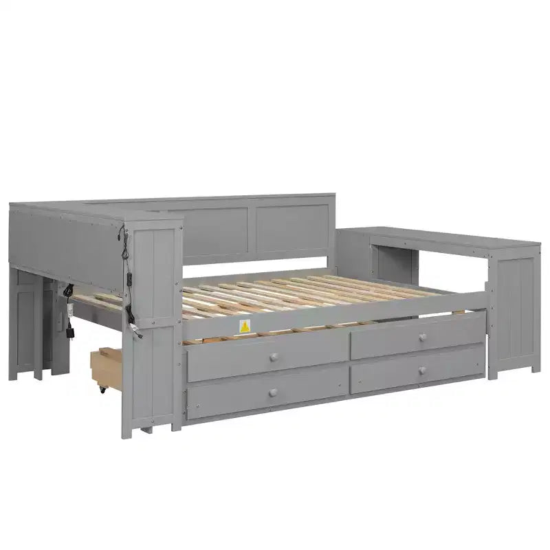 Letto a giorno Luxystar Full Size con 3 mensole portaoggetti, 2 cassetti, letto estraibile, stazione di ricarica, luce LED, scrivania e armadietto