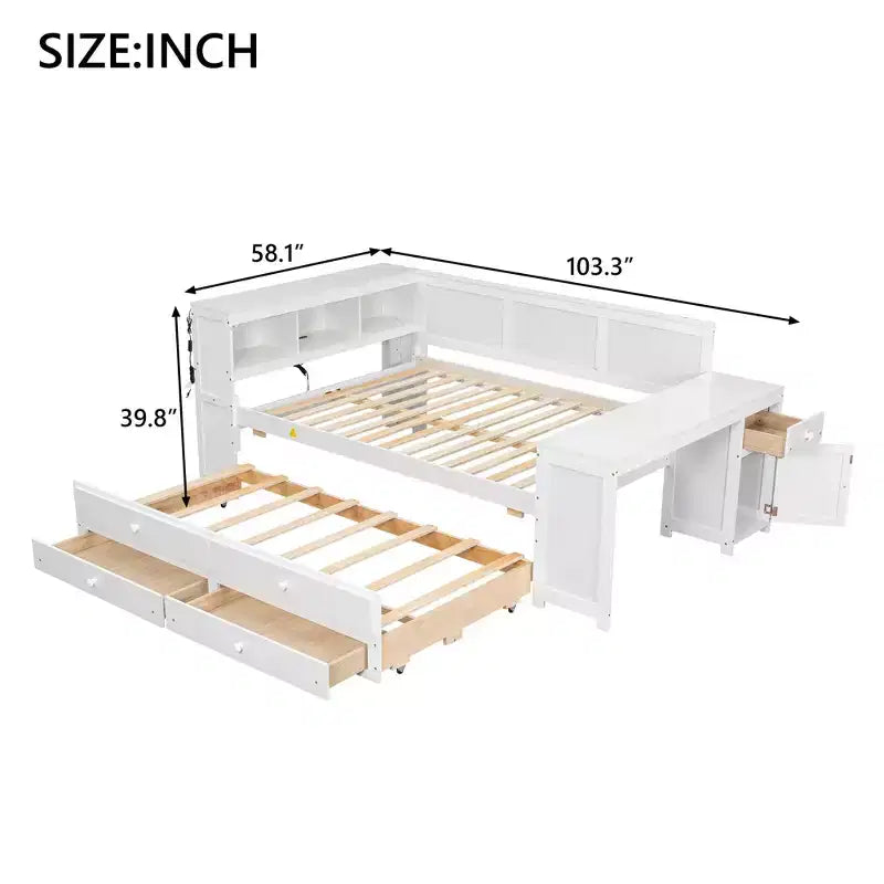 Letto a giorno Luxystar Full Size con 3 mensole portaoggetti, 2 cassetti, letto estraibile, stazione di ricarica, luce LED, scrivania e armadietto