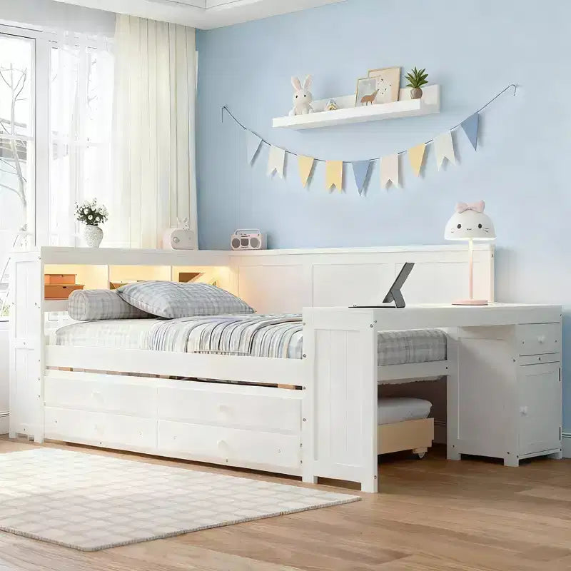 Letto a giorno Luxystar Full Size con 3 mensole portaoggetti, 2 cassetti, letto estraibile, stazione di ricarica, luce LED, scrivania e armadietto