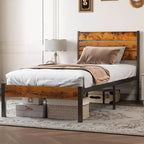 Okak Natural Metal Platform Bed Frame with Headboard&Support Slats,Mattress Foundation for Primary Bedroom,No Spring Box Needed