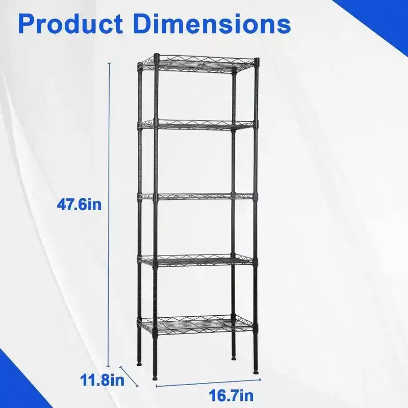 Scaffali Portaoggetti con Telaio in Metallo a 5 Ripiani, Scaffalatura in Filo Metallica per Carichi Pesanti, Nera, per Cucina, Garage, con Piedini di Livellamento 12x17x48 Pollici