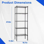 Scaffali Portaoggetti con Telaio in Metallo a 5 Ripiani, Scaffalatura in Filo Metallica per Carichi Pesanti, Nera, per Cucina, Garage, con Piedini di Livellamento 12x17x48 Pollici