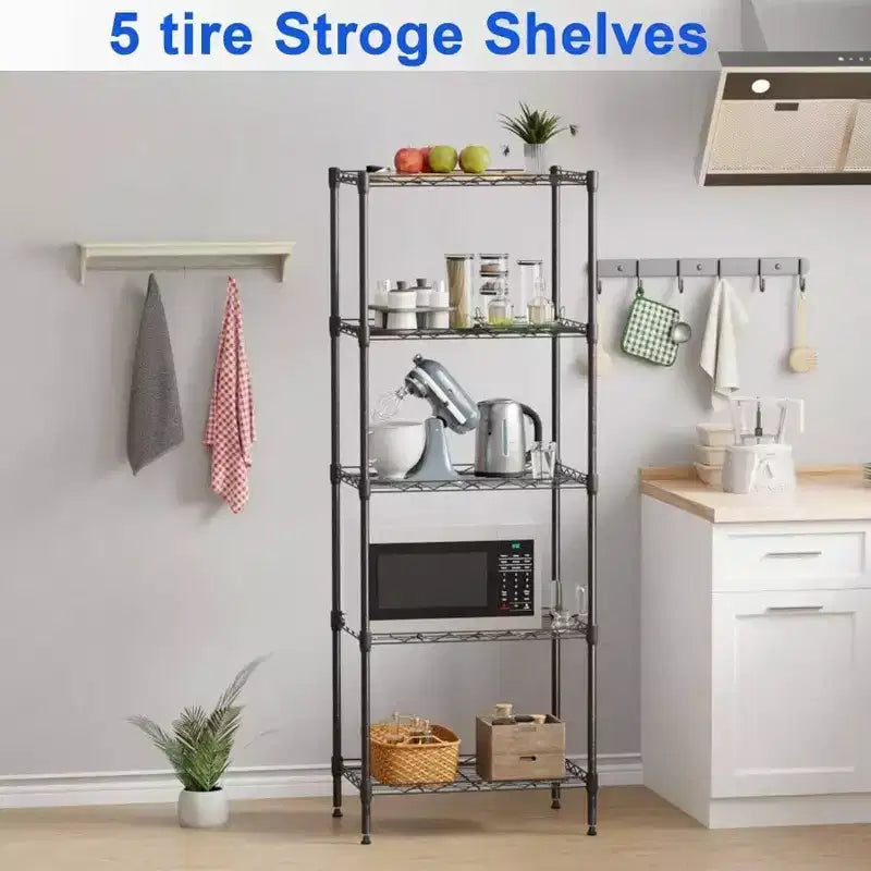 Scaffali Portaoggetti con Telaio in Metallo a 5 Ripiani, Scaffalatura in Filo Metallica per Carichi Pesanti, Nera, per Cucina, Garage, con Piedini di Livellamento 12x17x48 Pollici