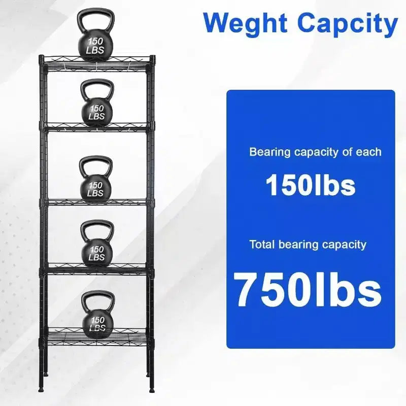 Scaffali Portaoggetti con Telaio in Metallo a 5 Ripiani, Scaffalatura in Filo Metallica per Carichi Pesanti, Nera, per Cucina, Garage, con Piedini di Livellamento 12x17x48 Pollici