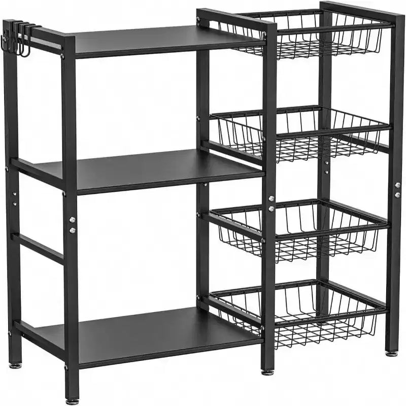 Storage Rack Kitchen Baker's Rack 3 Tiers 4 Baskets Steel Mesh Coffee Bar Fryer Stand Black Utility Organizer