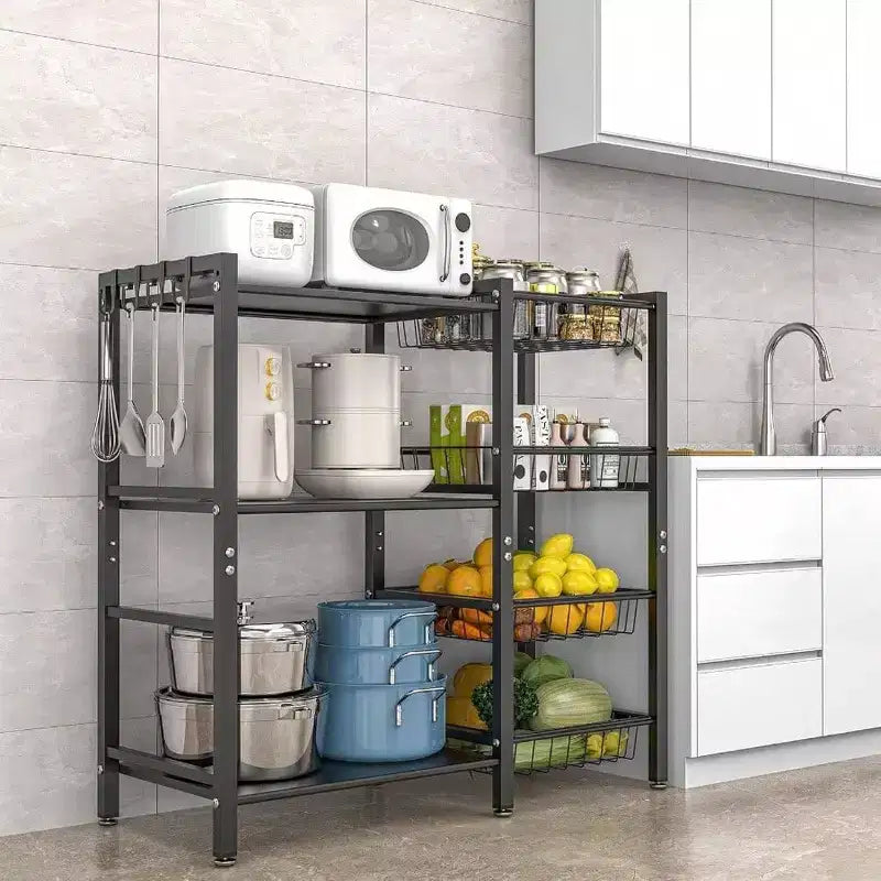 Scaffale da Cucina, Porta Utensili, 3 Ripiani, 4 Cestini, Rete Metallica, Mobile Caffè, Supporto Friggitrice, Organizer Nero