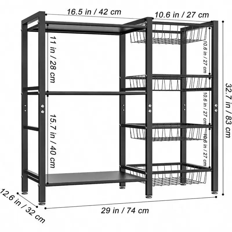 Scaffale da Cucina, Porta Utensili, 3 Ripiani, 4 Cestini, Rete Metallica, Mobile Caffè, Supporto Friggitrice, Organizer Nero