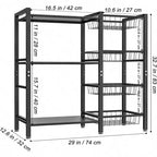 Scaffale da Cucina, Porta Utensili, 3 Ripiani, 4 Cestini, Rete Metallica, Mobile Caffè, Supporto Friggitrice, Organizer Nero