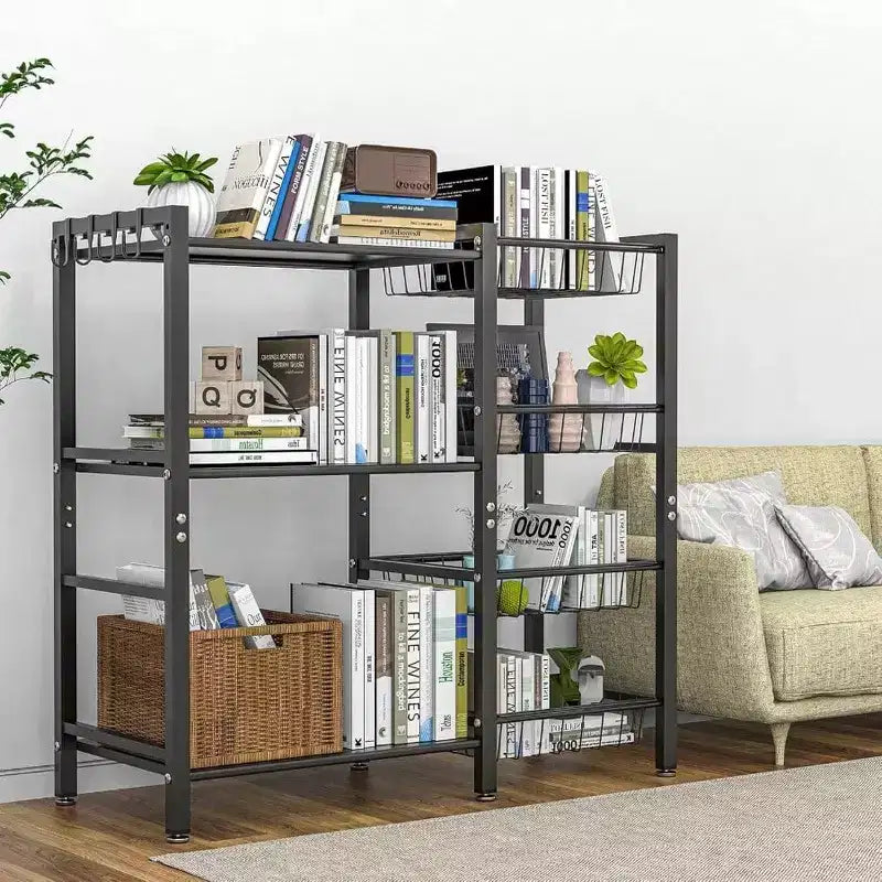 Scaffale da Cucina, Porta Utensili, 3 Ripiani, 4 Cestini, Rete Metallica, Mobile Caffè, Supporto Friggitrice, Organizer Nero