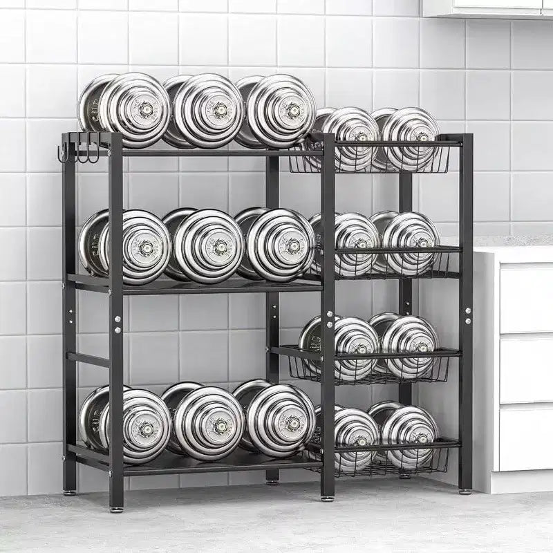 Scaffale da Cucina, Porta Utensili, 3 Ripiani, 4 Cestini, Rete Metallica, Mobile Caffè, Supporto Friggitrice, Organizer Nero