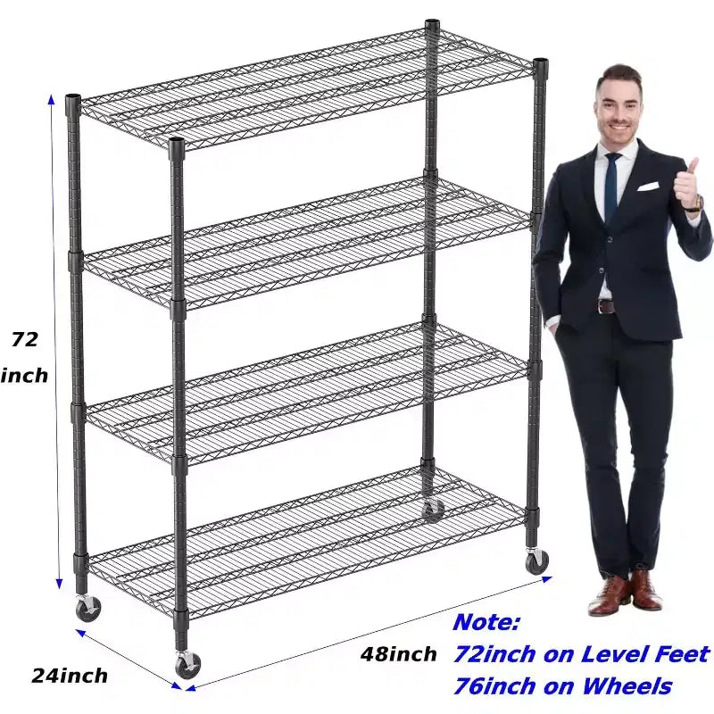 Homdox Scaffale Portaoggetti a 4 Ripiani Robusto con Ruote 122x61x183cm, 1180 kg, Scaffalatura Metallica Regolabile per Cucina, Garage, Dispensa