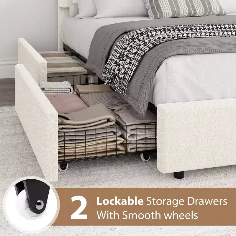 Struttura letto con cassetti contenitore, letto a piattaforma imbottito in boucle con testiera rotonda, resistente e silenzioso, non necessita di box spring