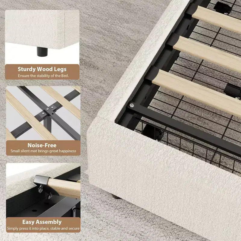 Struttura letto con cassetti contenitore, letto a piattaforma imbottito in boucle con testiera rotonda, resistente e silenzioso, non necessita di box spring
