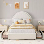 Struttura letto con cassetti contenitore, letto a piattaforma imbottito in boucle con testiera rotonda, resistente e silenzioso, non necessita di box spring