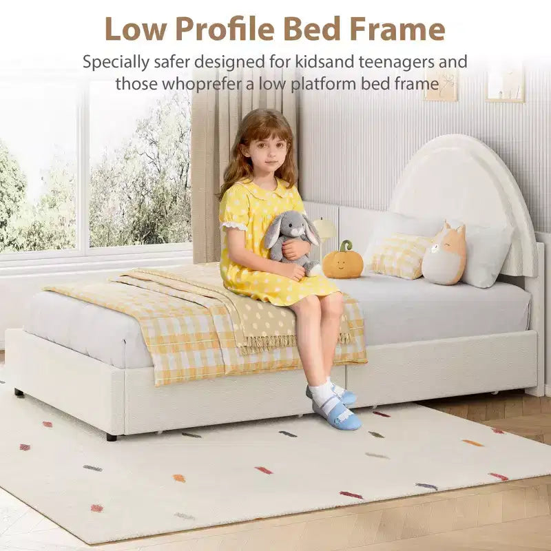 Struttura letto con cassetti contenitore, letto a piattaforma imbottito in boucle con testiera rotonda, resistente e silenzioso, non necessita di box spring
