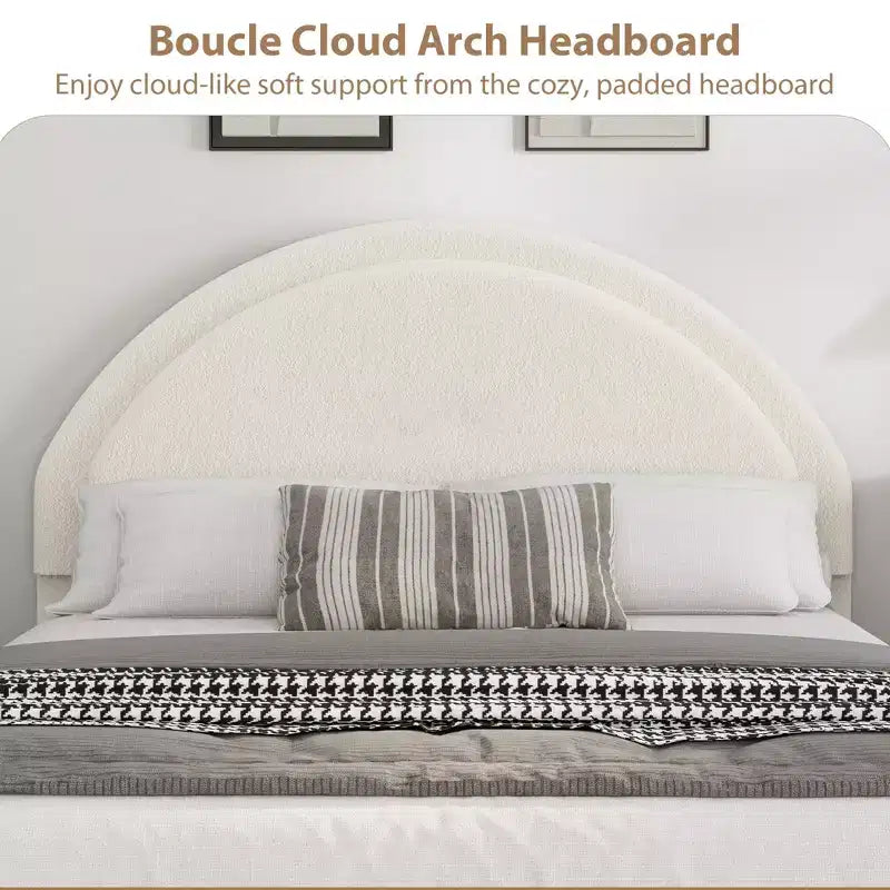 Struttura letto con cassetti contenitore, letto a piattaforma imbottito in boucle con testiera rotonda, resistente e silenzioso, non necessita di box spring