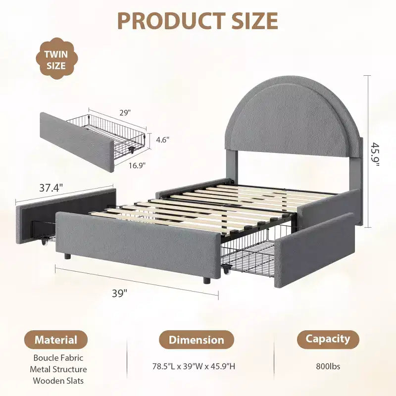 Struttura letto con cassetti contenitore, letto a piattaforma imbottito in boucle con testiera rotonda, resistente e silenzioso, non necessita di box spring