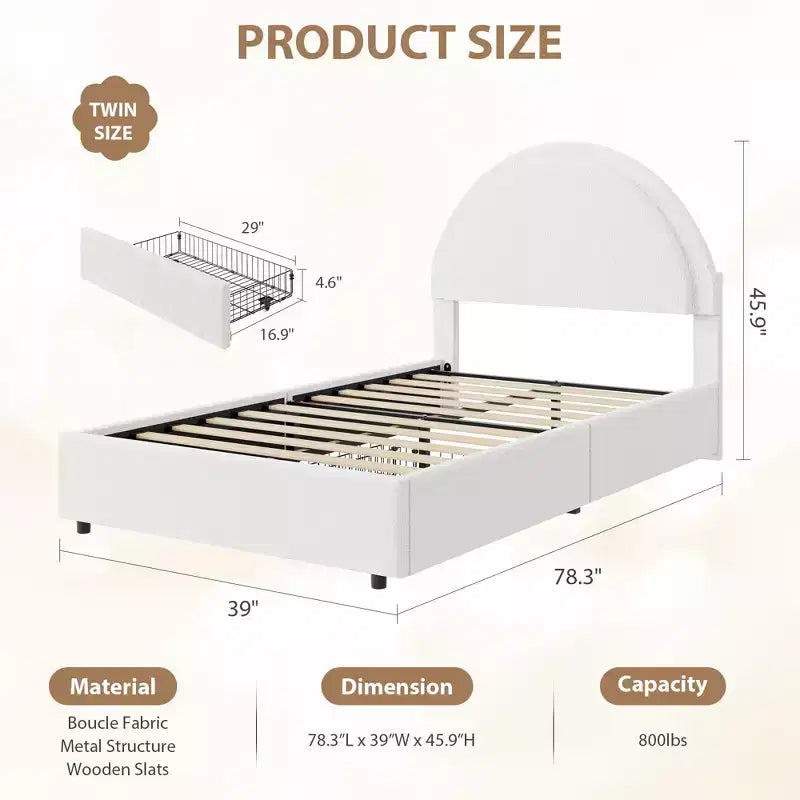 Struttura letto con cassetti contenitore, letto a piattaforma imbottito in boucle con testiera rotonda, resistente e silenzioso, non necessita di box spring