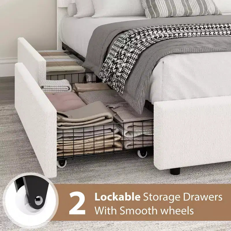 Struttura letto con cassetti contenitore, letto a piattaforma imbottito in boucle con testiera rotonda, resistente e silenzioso, non necessita di box spring