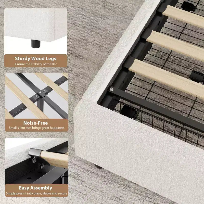 Struttura letto con cassetti contenitore, letto a piattaforma imbottito in boucle con testiera rotonda, resistente e silenzioso, non necessita di box spring